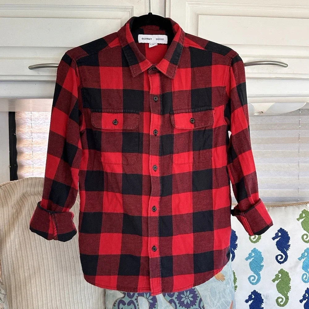 Old Navy Flannel Shirt Boys XL 14-16 Red Black Buffalo Plaid Button Front Cotton